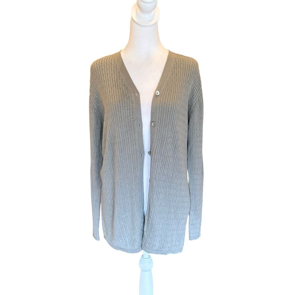 Brooks Brothers Silk Cable Knit Cardigan Sweater Button Up Gray Womens Medium
